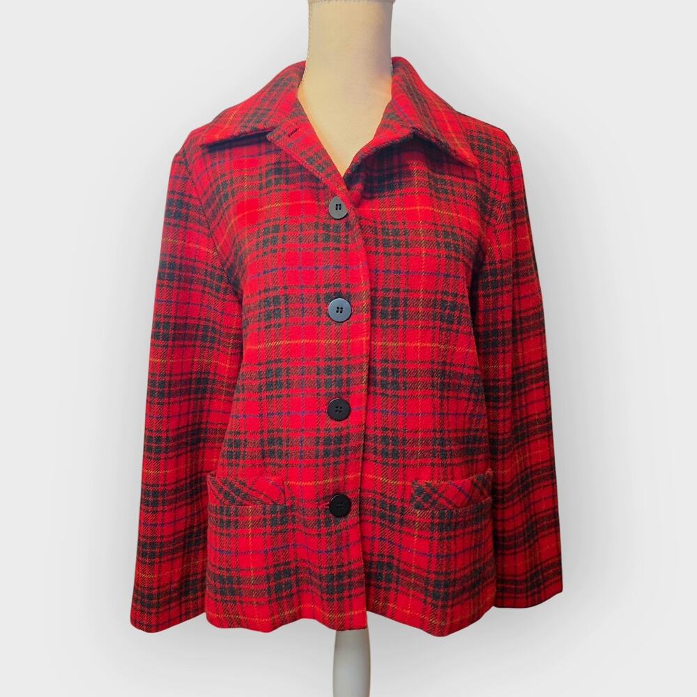 Vintage NY & Co Wool Plaid Chore Coat M Shacket Shirt Jacket Red Fall Fisherman